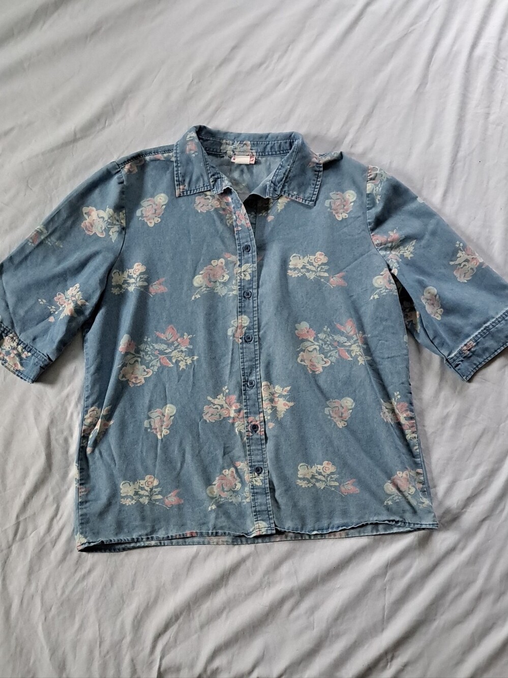 Vintage‎ Cotton Blend Chambray Floral Print Button-Up Camp Shirt Cottagecore